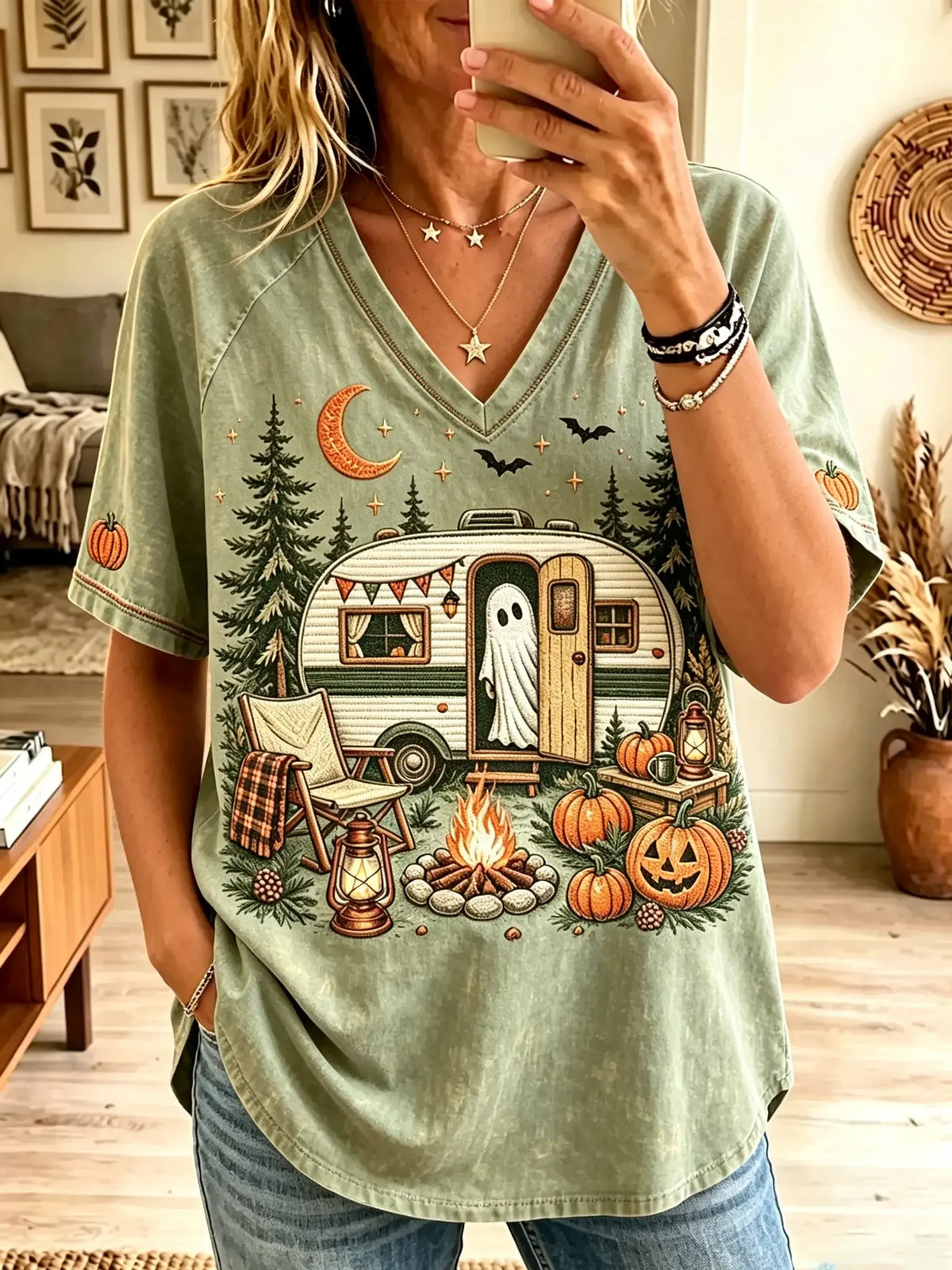 Women's Ghost Camper Campfire Halloween Graphic T-Shirt