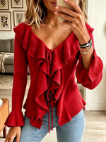 Women's Ruffled Tie-Front Ribbed Knit Cardigan