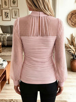 Women's Mock Neck Polka Dot Mesh Lantern Sleeve Ruched Slim Top