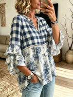 Women's Plaid Floral Tiered Blouse