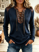 Women Navy Waffle Knit Faux Leather Lace-up V Neck Long Sleeve Top