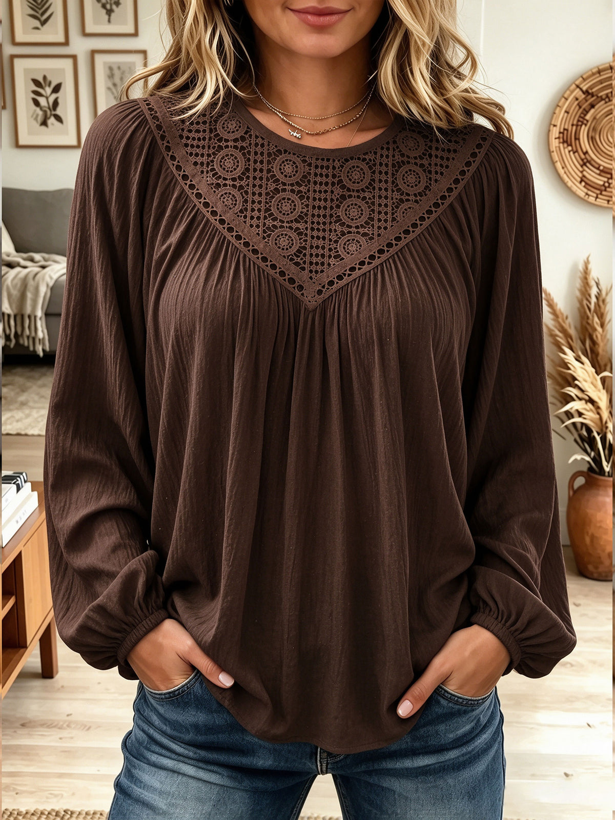 Women's Dark Brown V-Shape Crochet Lace Patchwork Long Sleeve Blouse Top