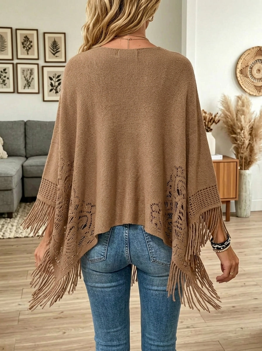 Women's Crochet Lace Cutout Fringe Knit Poncho