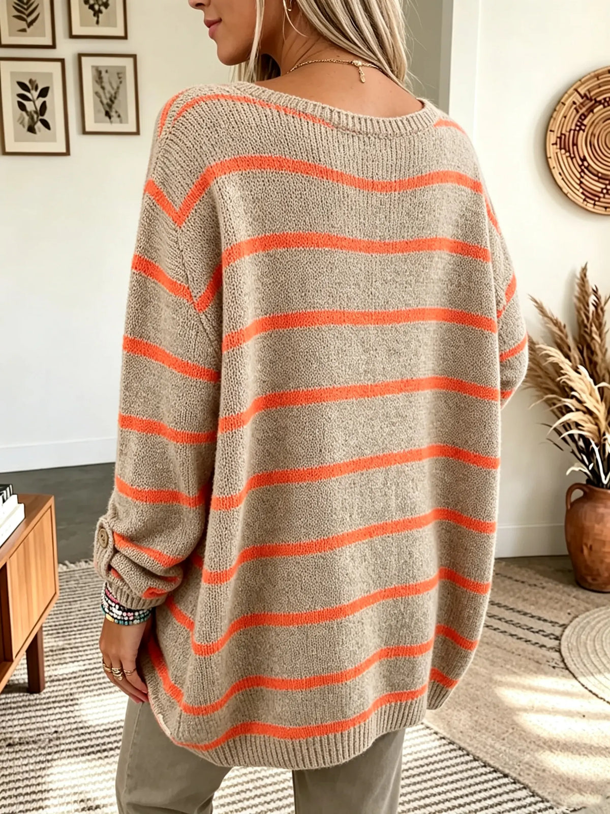 Women's Striped Knit Oversized Pocket Sweater