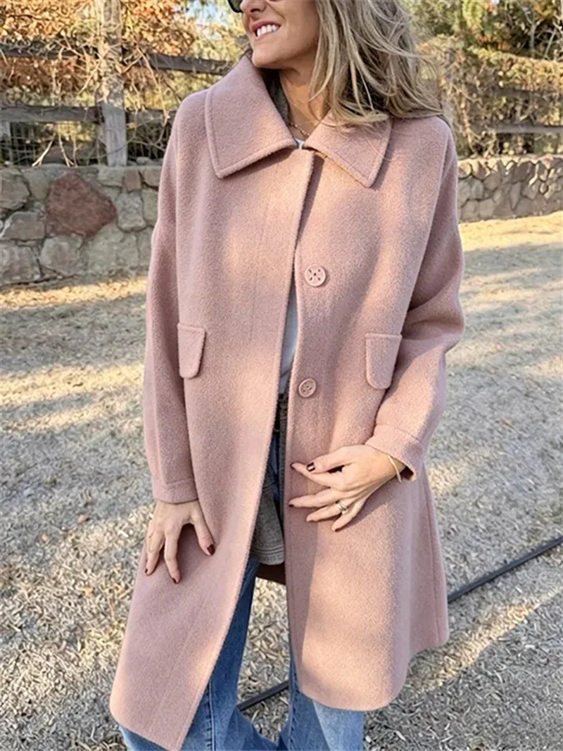 Women Dusty Purple Wide Collar Single Breasted Mid Length Wool Coat