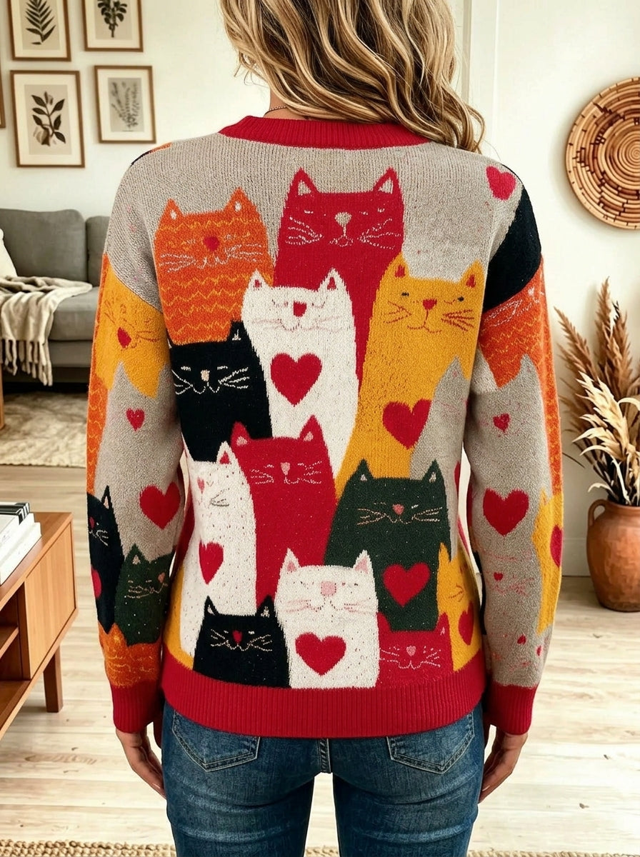 Women Cute Cat Heart Pattern Knit Sweater, Round Neck Long Sleeve Casual Pullover