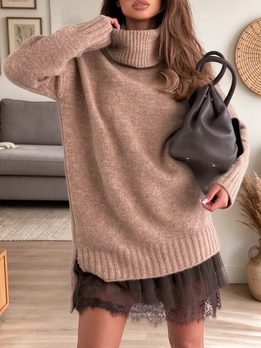 Women's High-Neck Knitted Sweater Dress with Lace Trim Suspender Dress Two-Piece Set