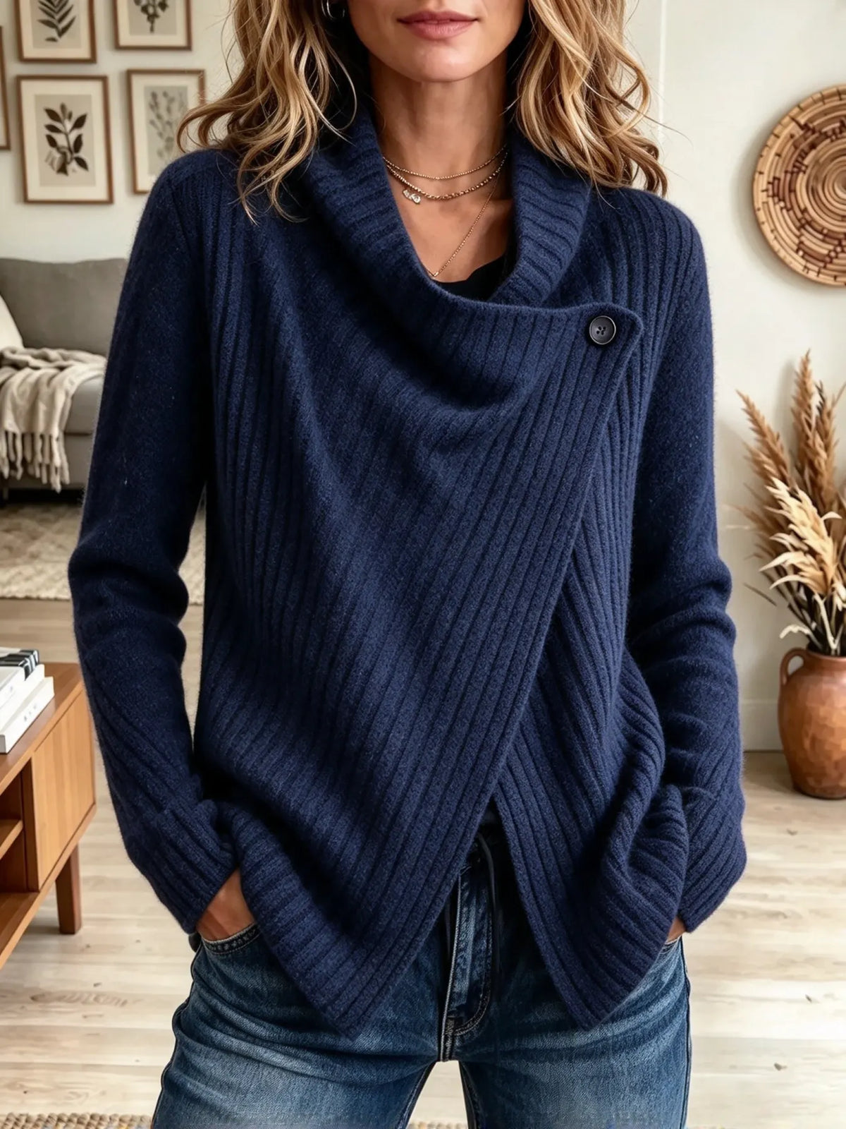Women's Asymmetrical Wrap Cowl Neck Ribbed Cardigan