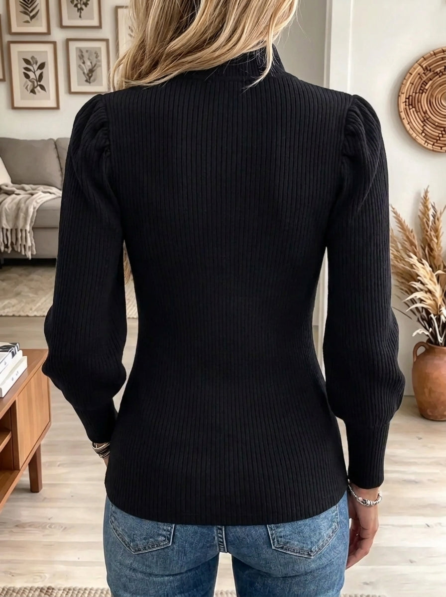 Women's Half-Zip Puff Sleeve Ribbed Knit Sweater
