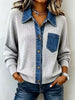 Retro Lapel Art Casual Stylish Denim Patchwork Long Sleeve Knit Top