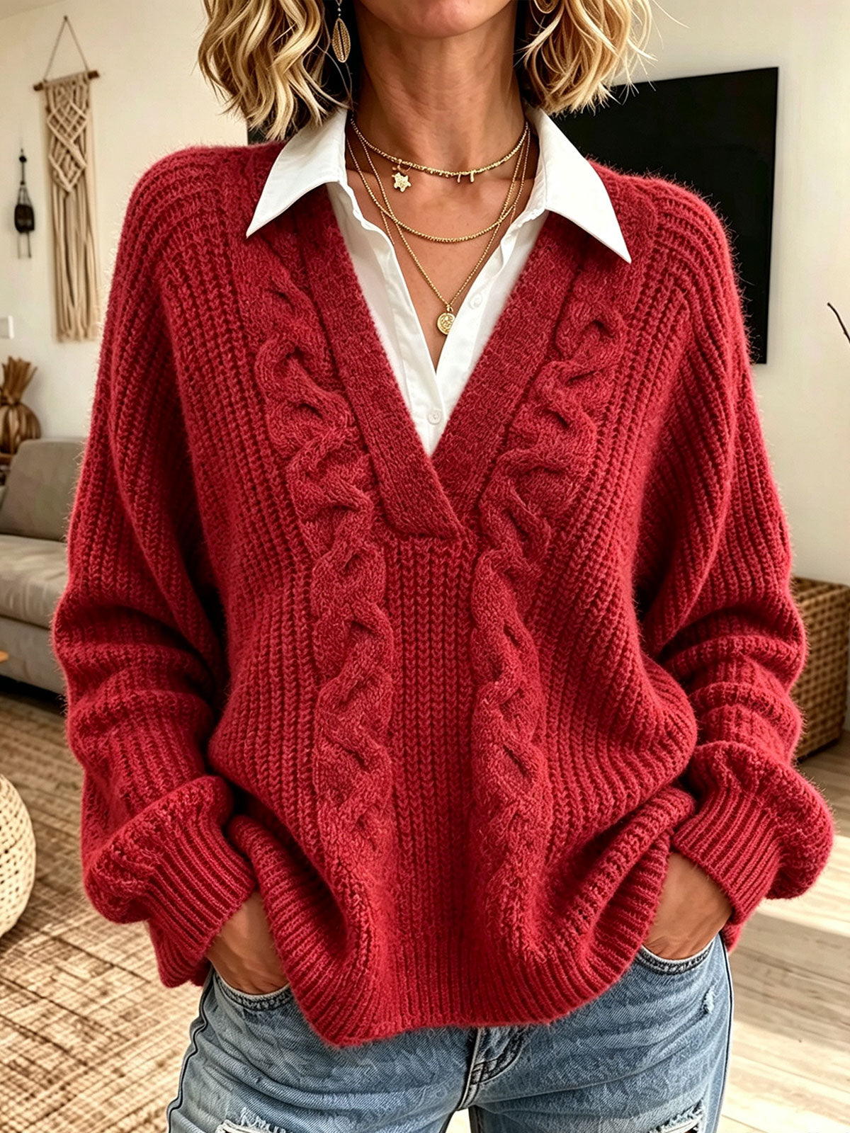 Women Faux Two‑Piece V‑Neck Cable Knit Collared Long Sleeve Sweater