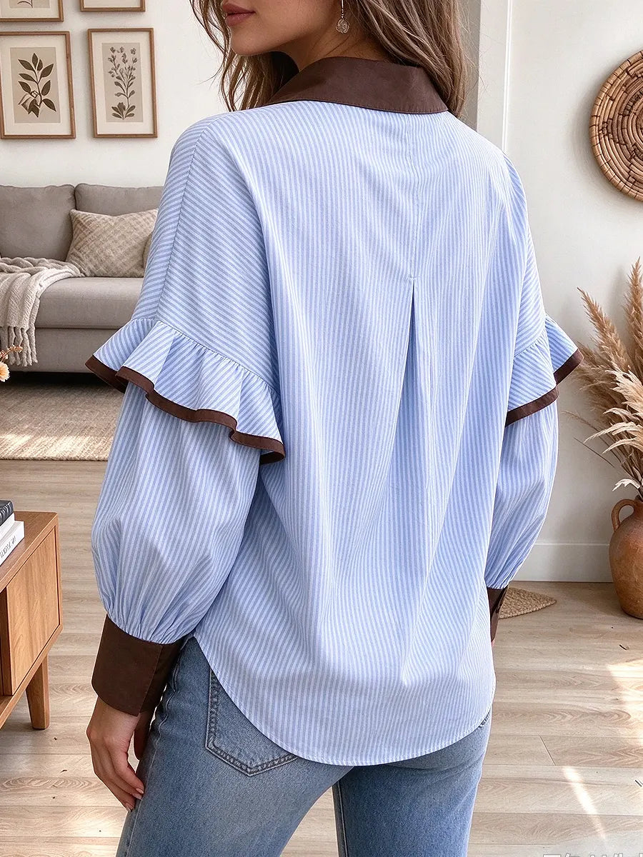 Retro Elegant Chic Lapel Stripe Art Casual Stylish Long Sleeve Shirt