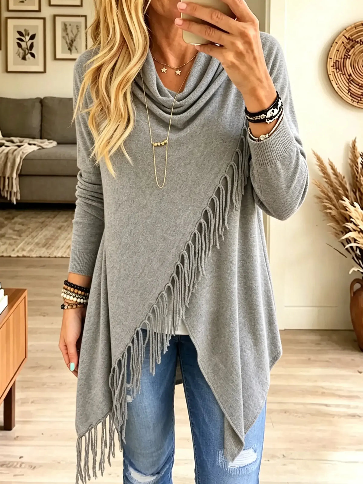 Women's Draped Cowl Neck Asymmetrical Fringe Sweater