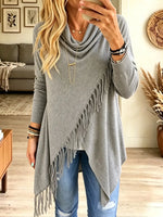 Women's Draped Cowl Neck Asymmetrical Fringe Sweater