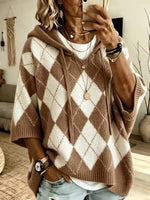 Women Argyle Diamond Pattern Hooded Half‑Sleeve Knit Sweater