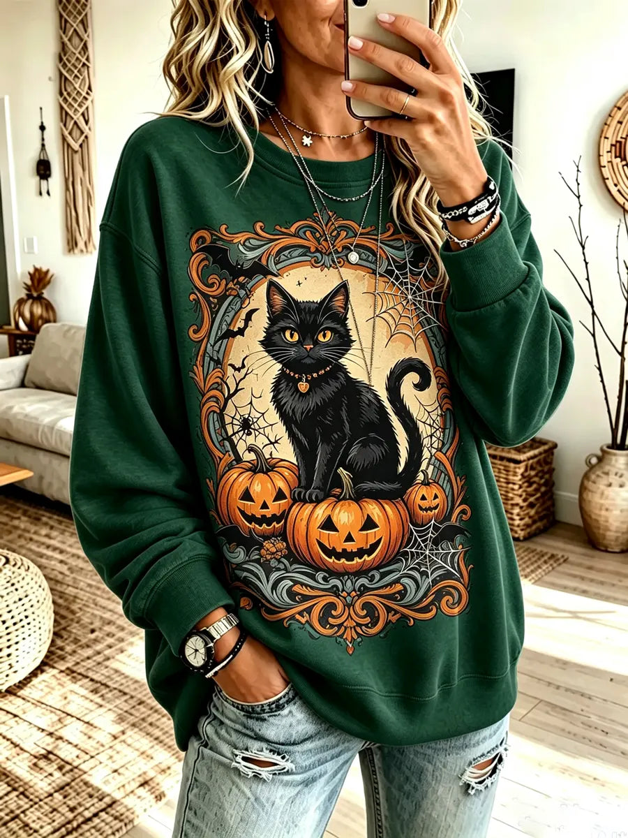 Funny Halloween Cat Pattern Art Print Casual Long Sleeve Sweatshirt