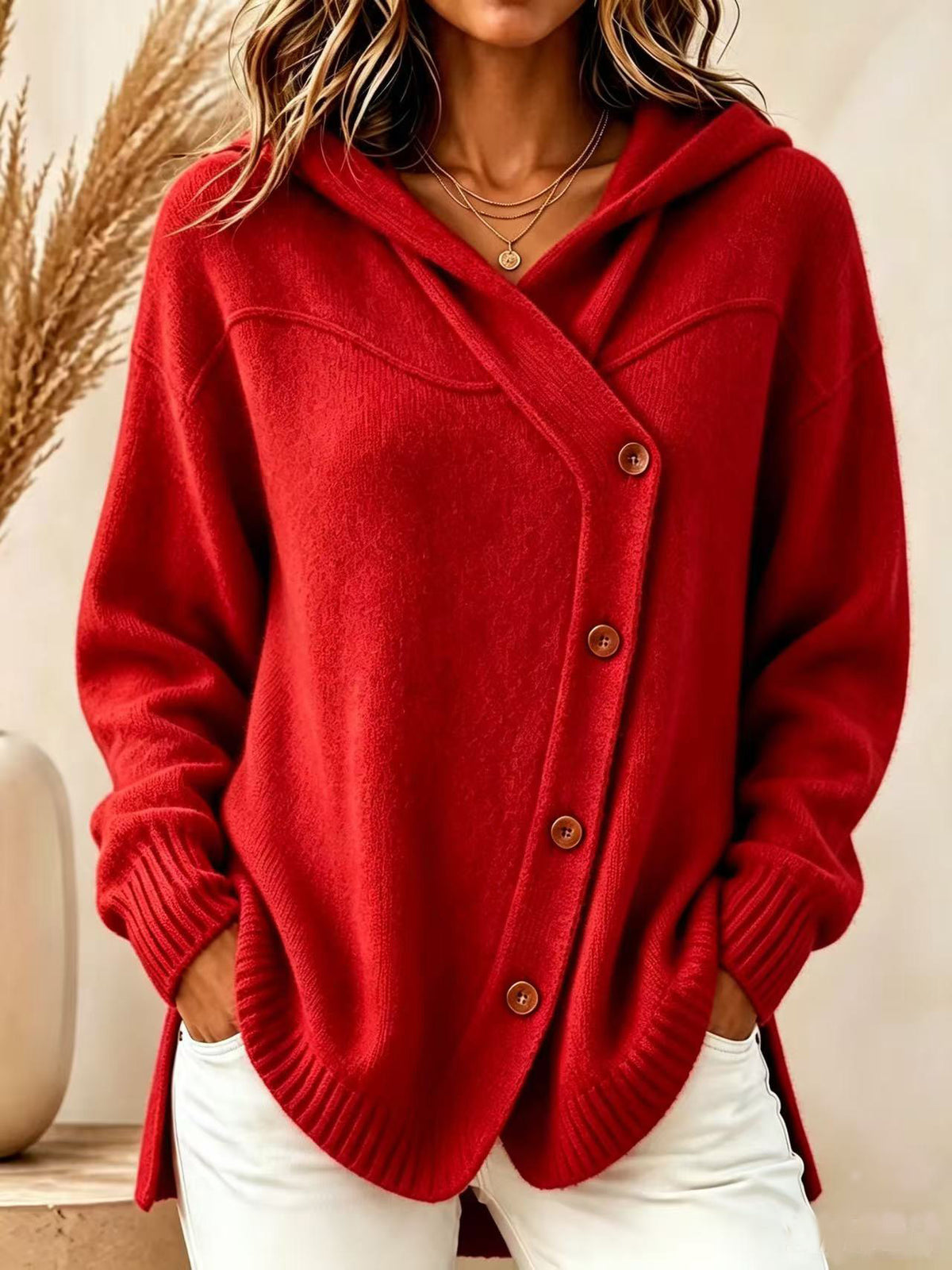 Women Hooded Diagonal Button Wrap Knit Sweater