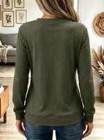Women's Olive Green Ribbed Knit Asymmetric Henley Top with Gold Buttons