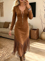 Vintage Elegant Suede Patchwork Long-sleeved Tassels Dress