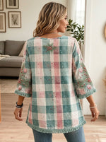 Women Christmas Plaid Fringe 3/4 Bell Sleeve Casual Blouse