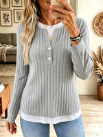 Women's Layered Look Button Henley Ribbed Sweate