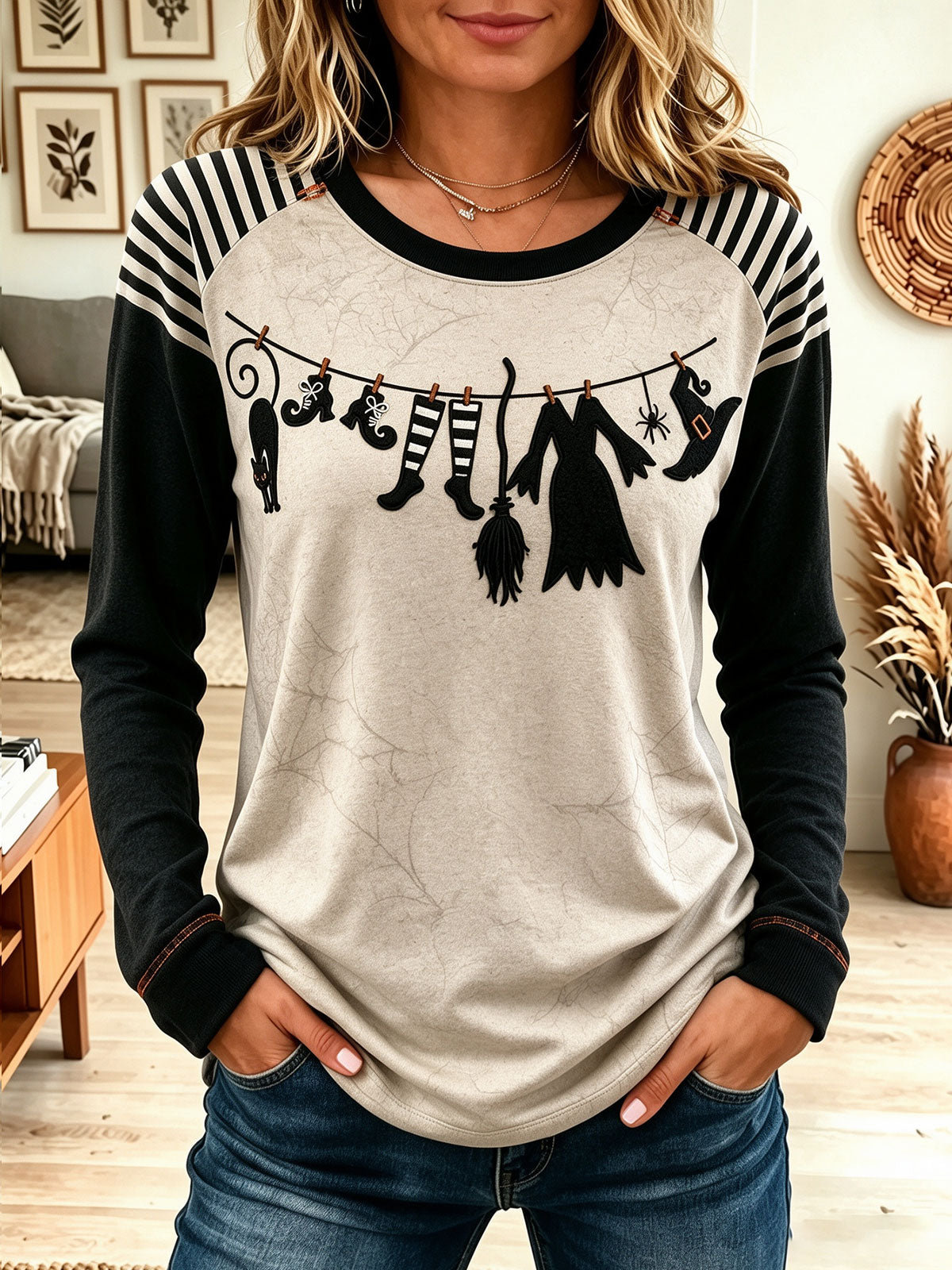 Women Halloween Witch Clothes Print Raglan Sweatshirt, Striped Long Sleeve Casual Pullover