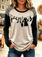 Women Halloween Witch Clothes Print Raglan Sweatshirt, Striped Long Sleeve Casual Pullover