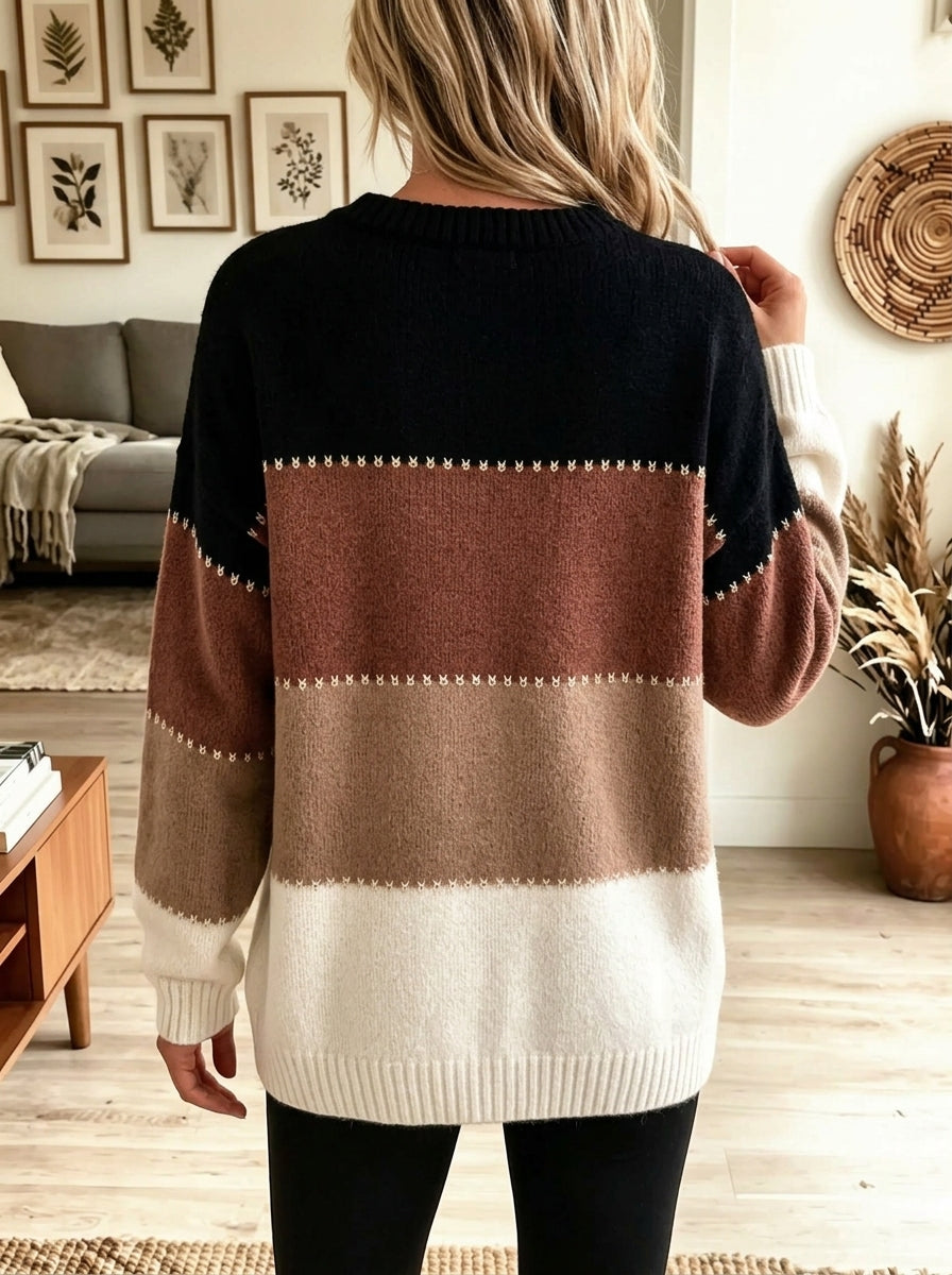 Women Color Block Striped Crew Neck Oversized Long Sleeve Knit Sweater