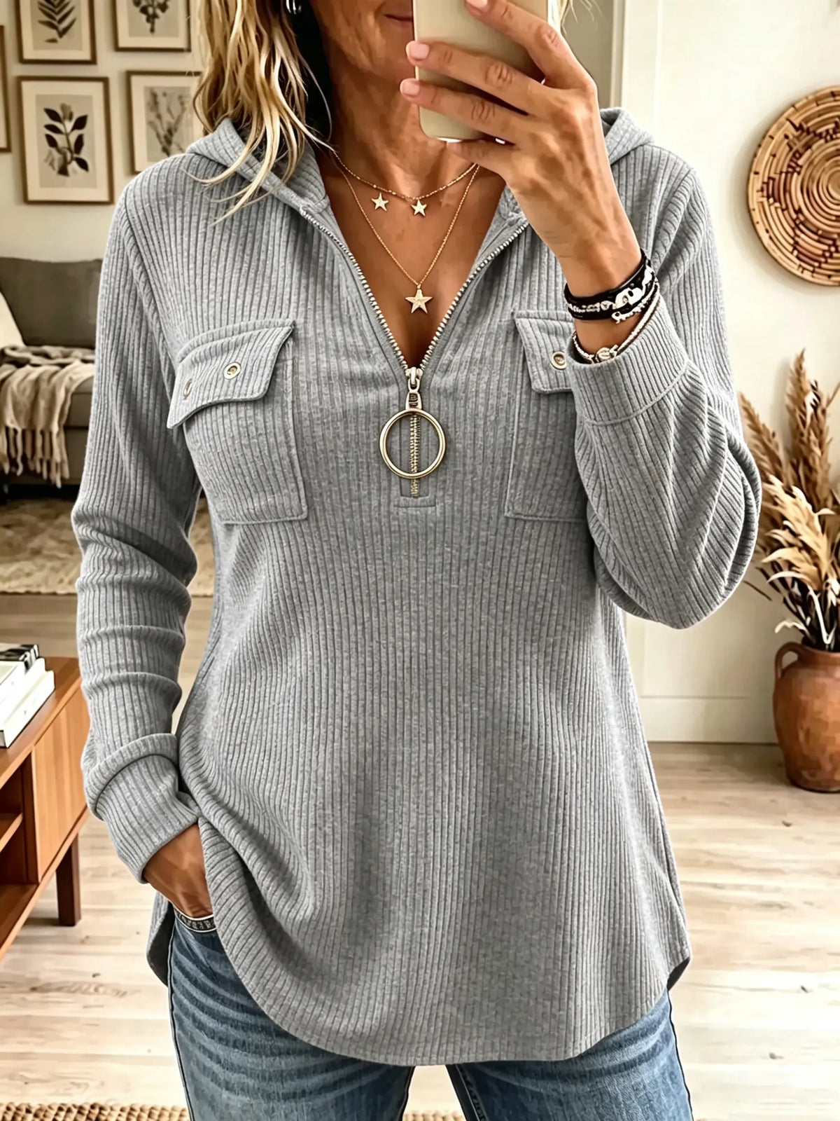 Women's Ring Zipper Ribbed Knit Hooded Tunic