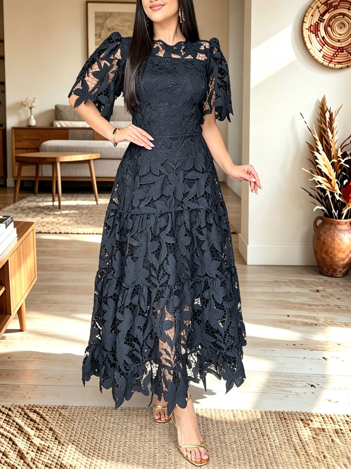Women Navy Floral Lace Short Sleeve Tiered Maxi Dress