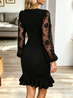 Retro Floral Lace Patchwork Ruffle Art Casual Stylish Long Sleeve Mini Dress