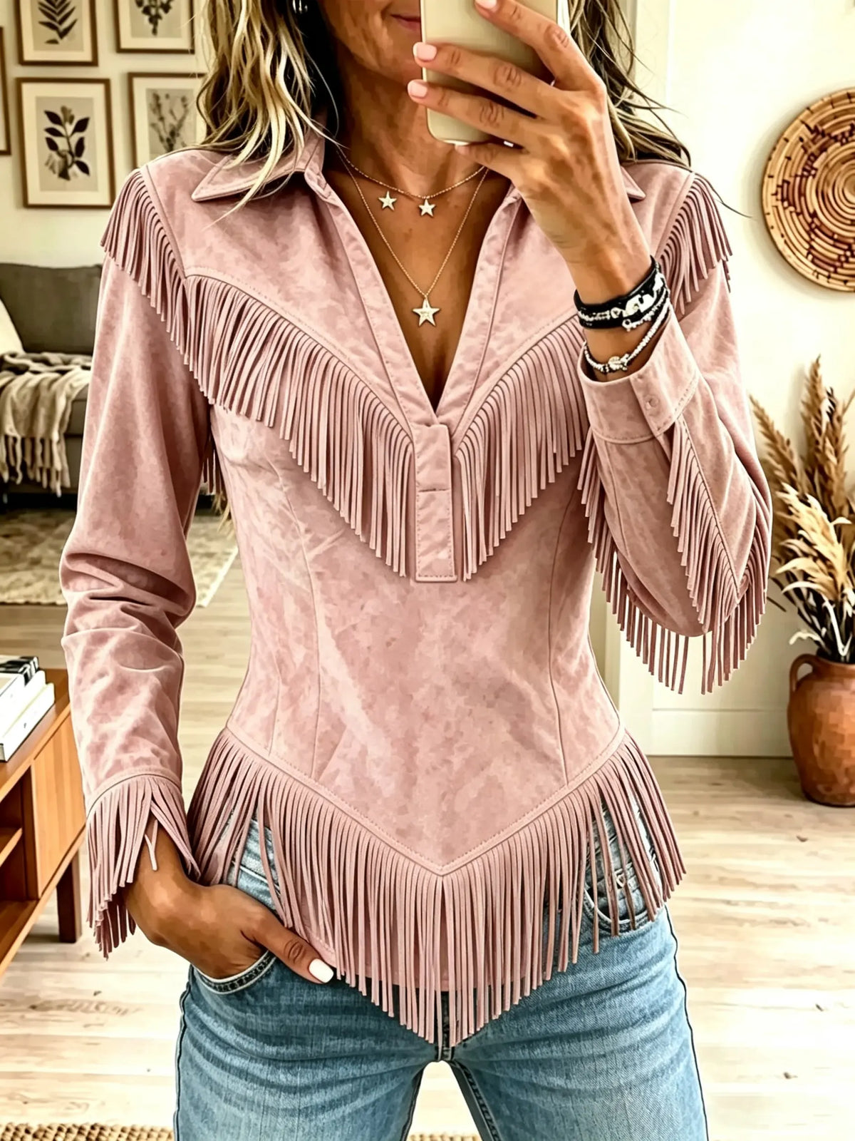 Women's Western Fringe Suede Pointed Hem Top