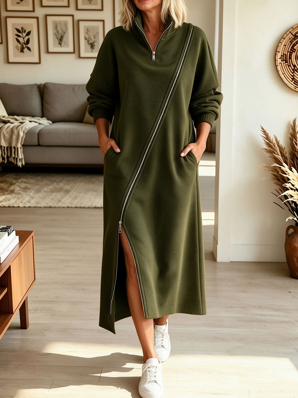 Women Half Zip Maxi Sweatshirt Dress, Diagonal Zipper Long Sleeve Loose Dress With Pockets