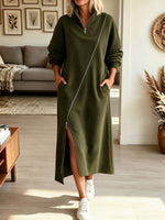 Women Half Zip Maxi Sweatshirt Dress, Diagonal Zipper Long Sleeve Loose Dress With Pockets