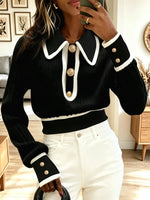 Vintage Chic Contrast Lapel Knit Art Casual Stylish Long Sleeve Sweater