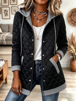 Women's Black Quilted Hooded Jacket with Grey Contrast Trim and Pockets