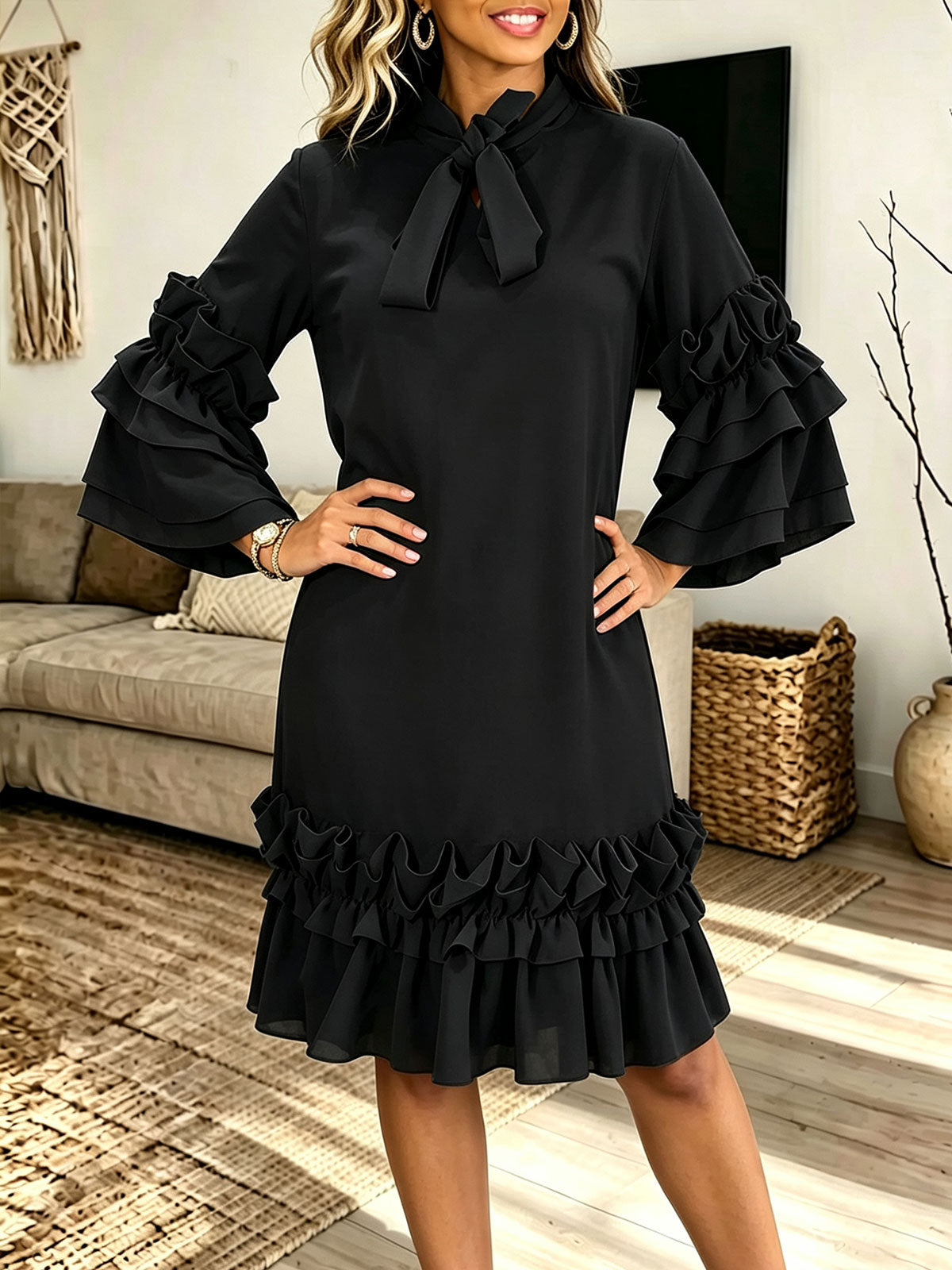 Women Bow Tie Neck Layered Ruffle Bell Sleeve Shift Midi Dress