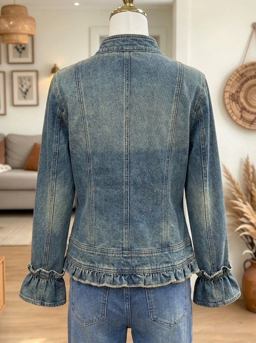 Women's Double-Breasted Ruffle Hem Denim Jacket
