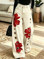 Women's Grommet Floral Patchwork Wide-Leg Jeans