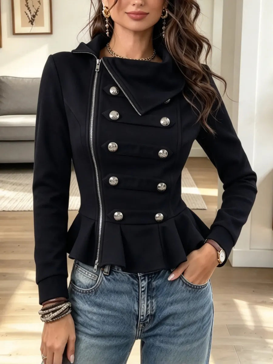 Vintage Zip Lapel Ruffle Art Button Casual Stylish Long Sleeve Coat
