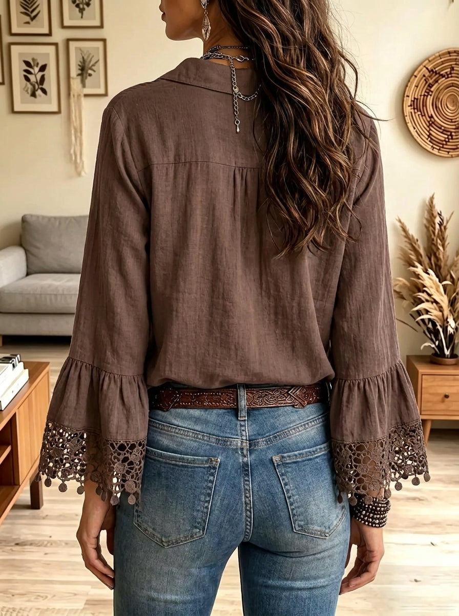 Women's Crochet Lace Flared Sleeve Linen Blouse
