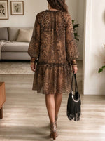 Women's Leopard Print Long Sleeve V-Neck Ruffle Boho Casual Shift Mini Dress
