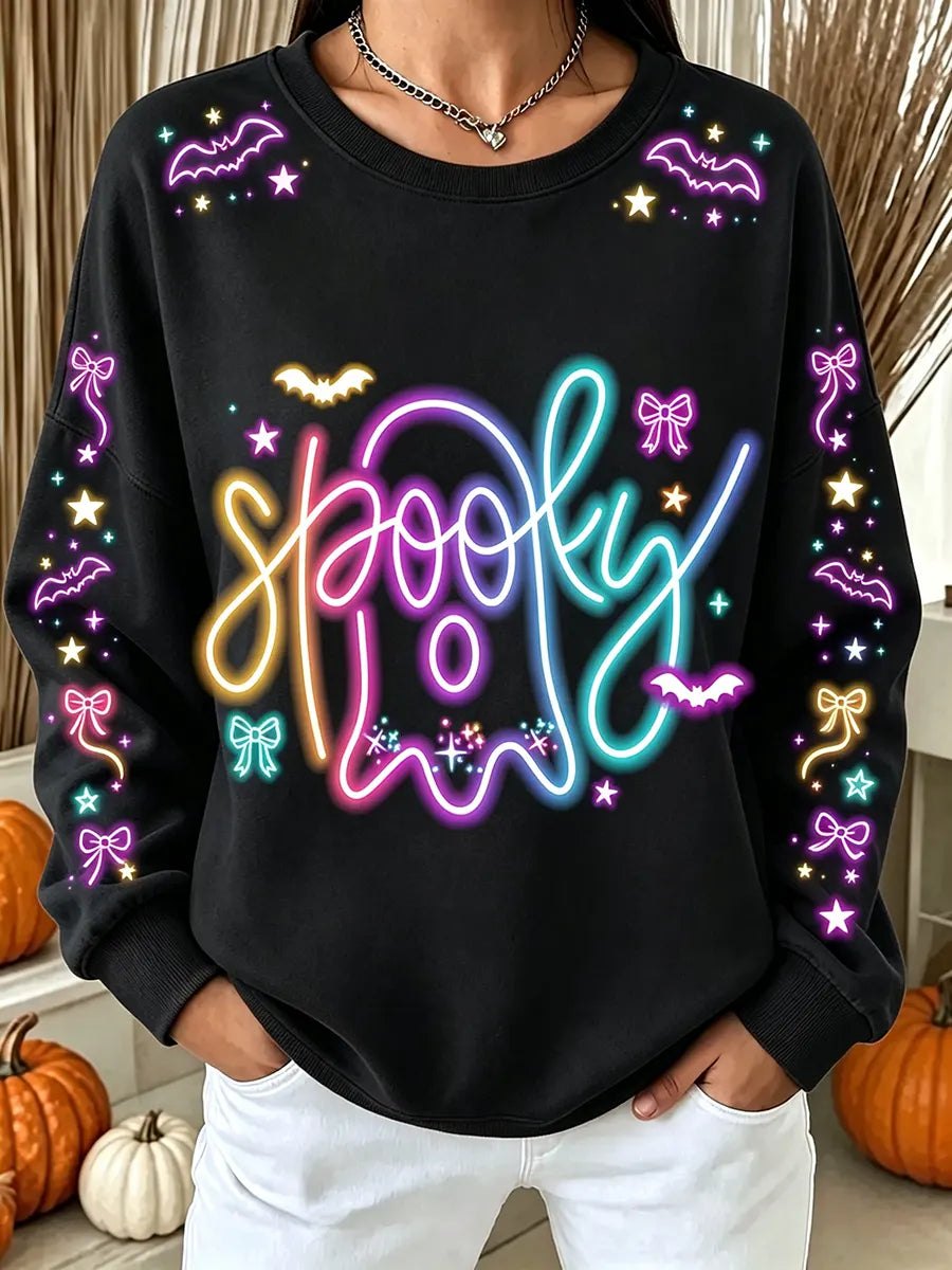 Vintage Autumn Halloween Ghost Art Print Crewneck Sweatshirt