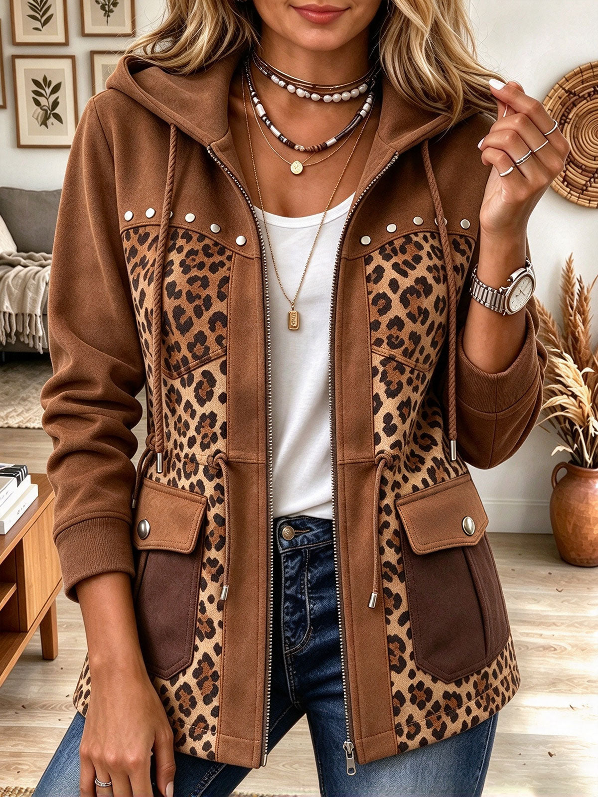 Women's Brown Fuzzed Hooded Jacket with Leopard Print and Pocket Details
