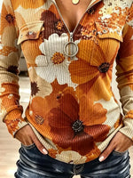 Vintage Floral Pattern Zip Art Casual Stylish Hooded Long Sleeve Top