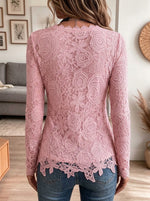 Women V Neck Floral Lace Long Sleeve Top, Scalloped Hem Slim Fitted Blouse