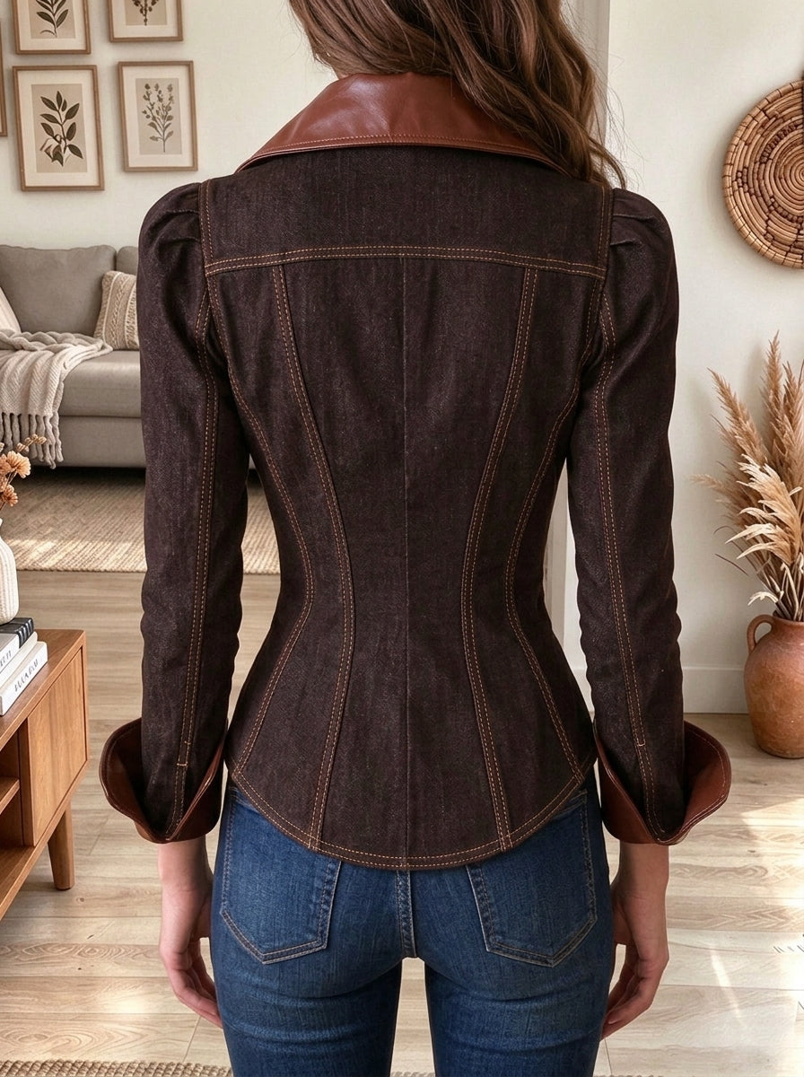Women's Dark Brown Denim Corset Jacket with Contrast Faux Leather Collar and Cuffs