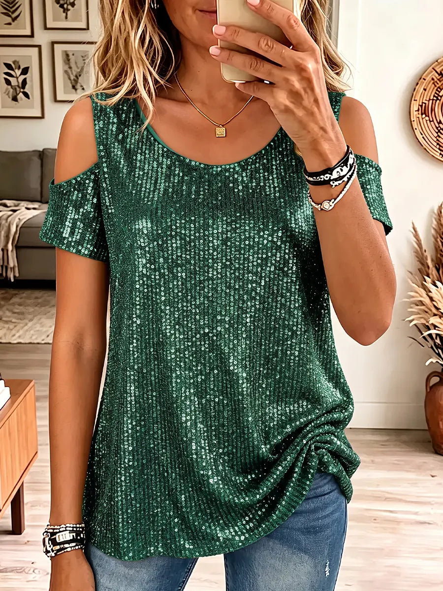 Vintage Elegant Sequined Off-shoulder Shirt