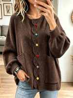 Women Green Wavy Trim Colorful Buttons Pocket Knit Cardigan