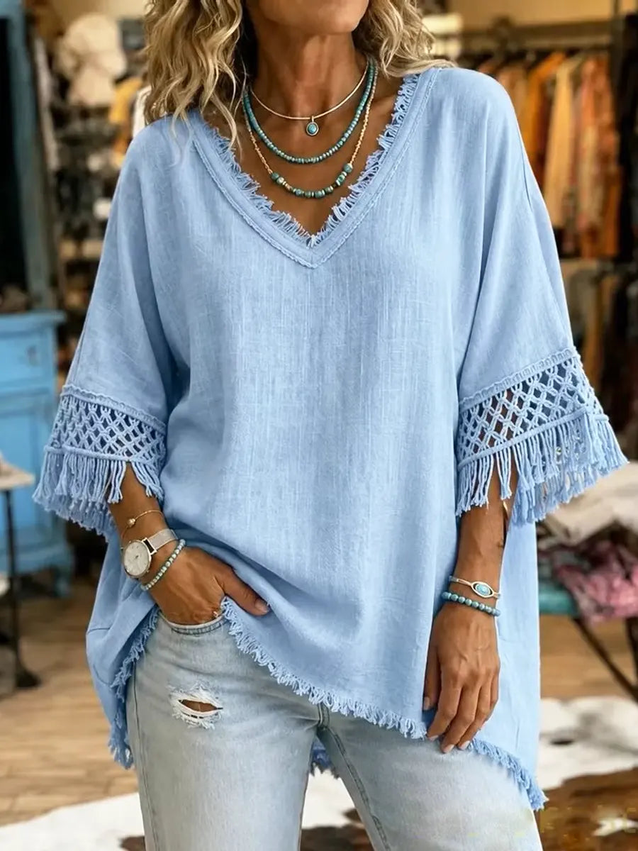 Retro Fringe Hollow Art Casual Stylish 3/4 Sleeve Cotton Linen Shirt